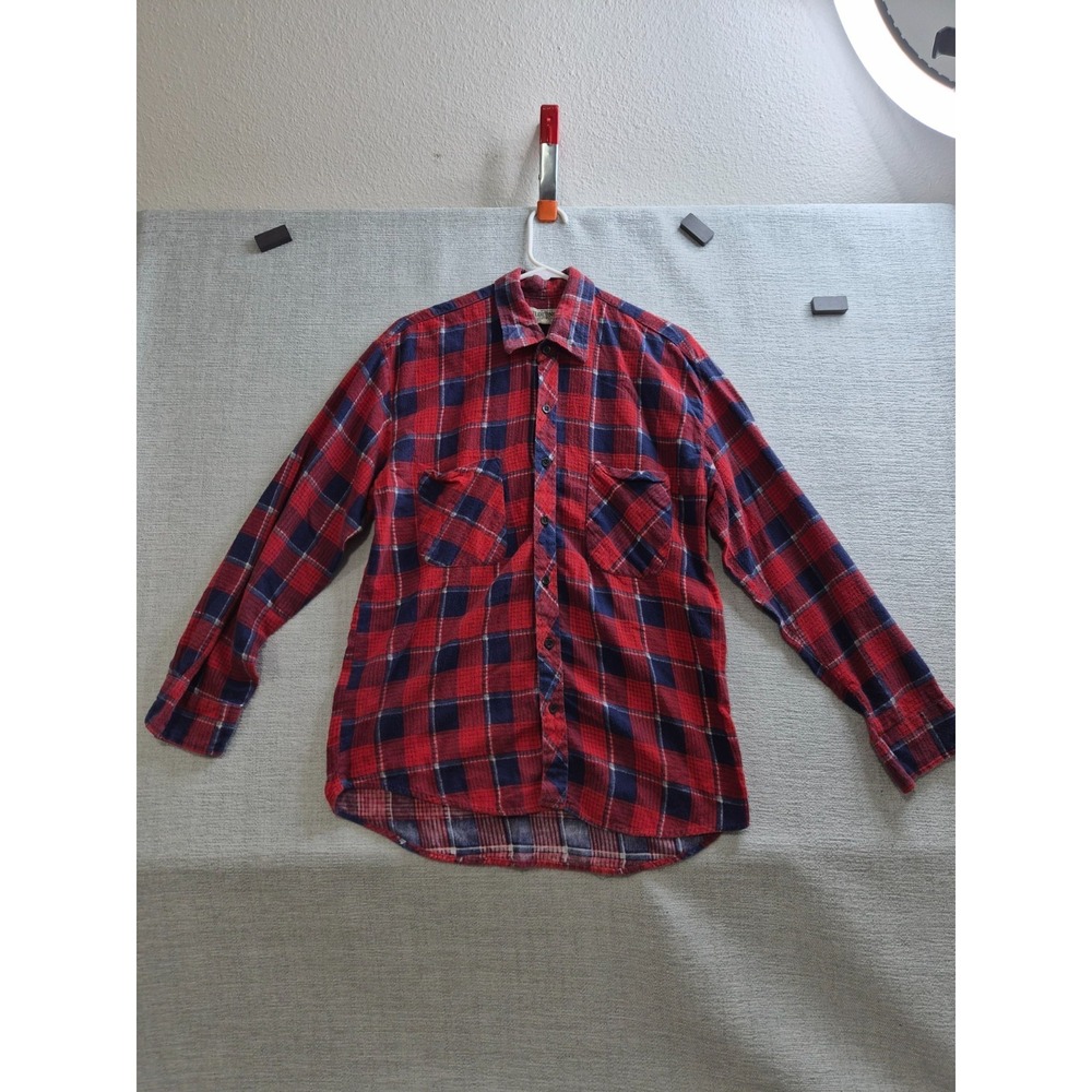 Vintage Wilderness Flannel Shirt Mens Medium Red Blue Plaid Check Button Up